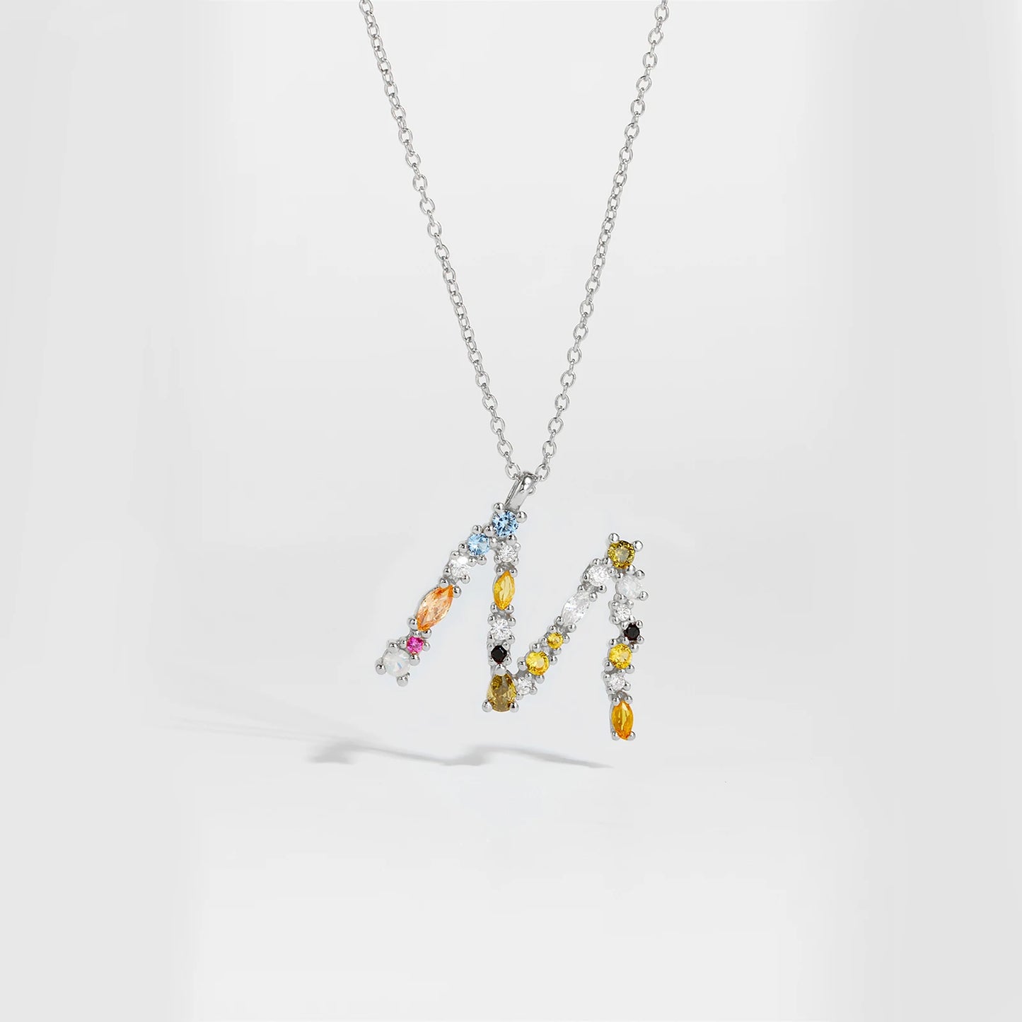 Colorful Crystal Initial Letter 925 Sterling Silver Necklace