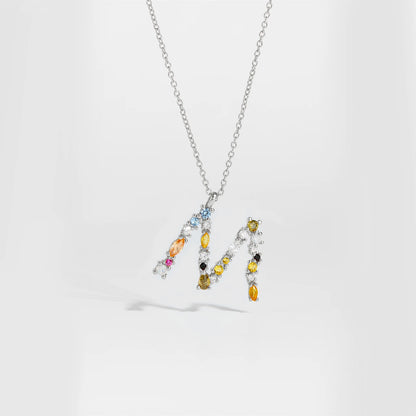 Colorful Crystal Initial Letter 925 Sterling Silver Necklace