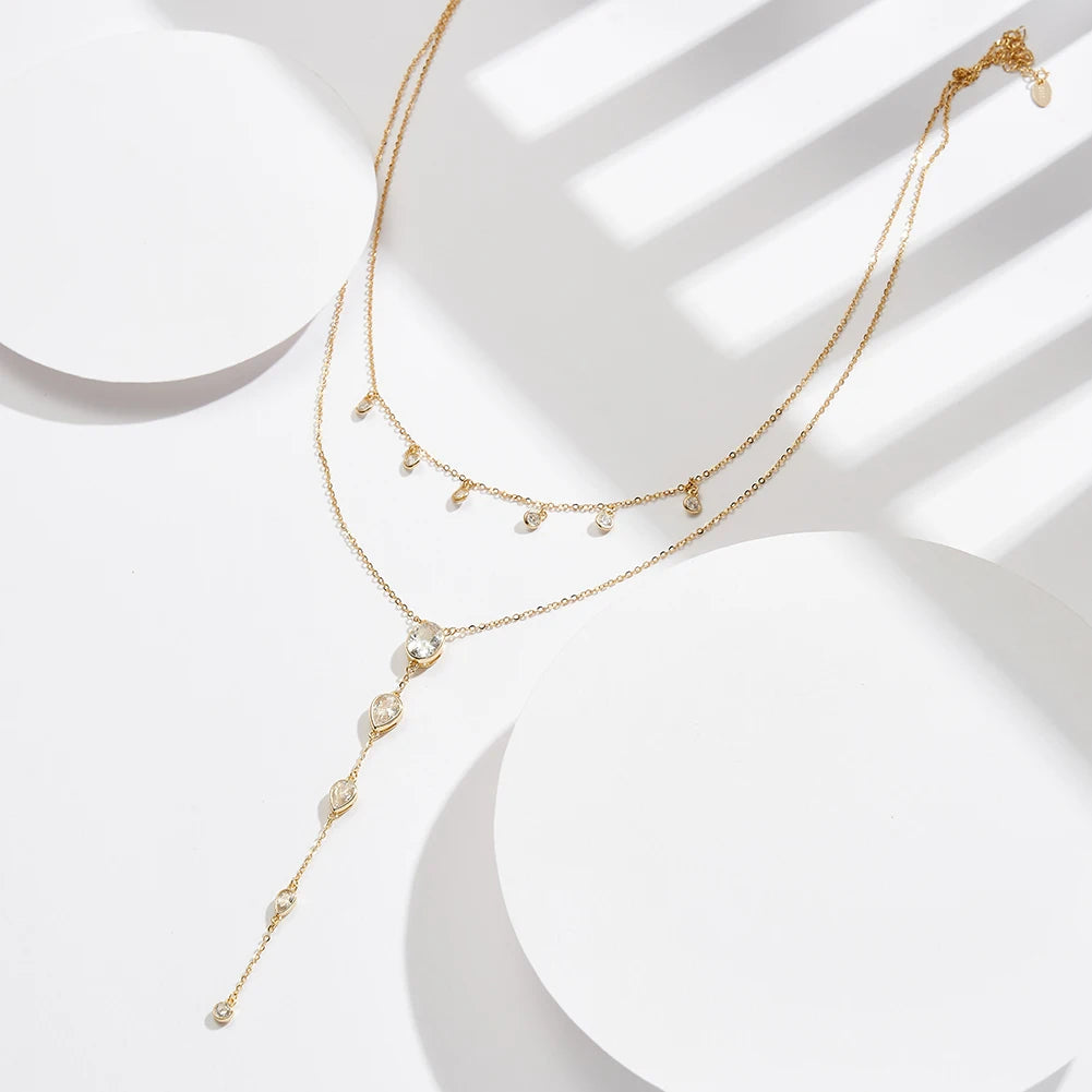 Layered Y Necklace 925 Sterling Silver | Cubic Zirconia Drop Necklace | Elegant Silver & Gold Layered Jewelry