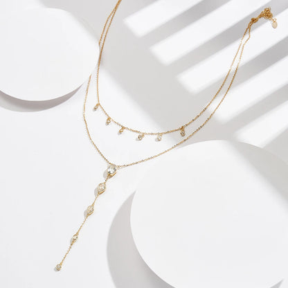 Layered Y Necklace 925 Sterling Silver | Cubic Zirconia Drop Necklace | Elegant Silver & Gold Layered Jewelry