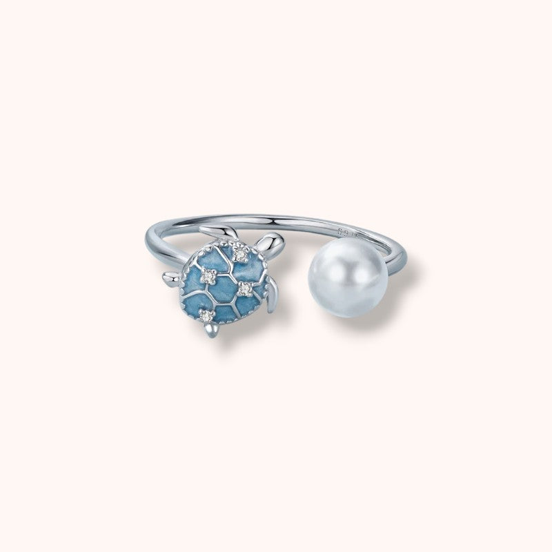 Turtle Pearl Open 925 Sterling Silver Ring | Ocean-Inspired Adjustable Ring