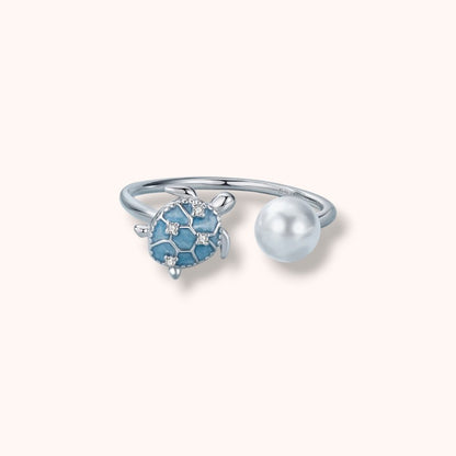 Turtle Pearl Open 925 Sterling Silver Ring | Ocean-Inspired Adjustable Ring