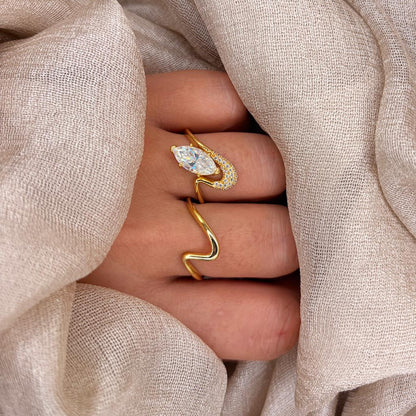 Mare D’Oro Wave 2ct Marquise Moissanite Ring Set – 925 Sterling Silver