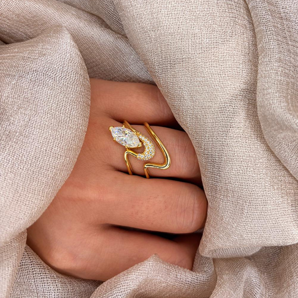 Mare D’Oro Wave 2ct Marquise Moissanite Ring Set – 925 Sterling Silver