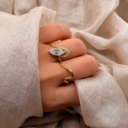 Mare D’Oro Wave 2ct Marquise Moissanite Ring Set – 925 Sterling Silver