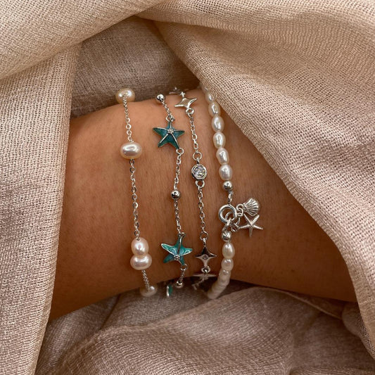 Ocean Motif Charm Freshwater Pearl Bracelet 925 Sterling Silver