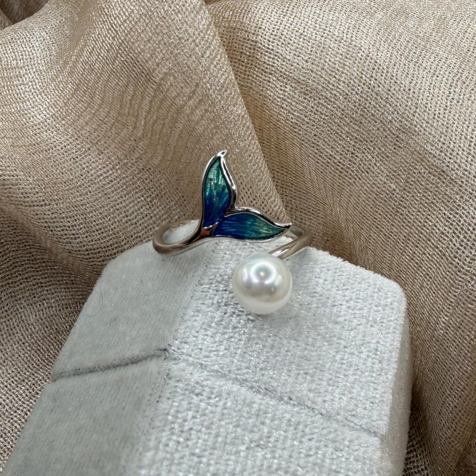 Mermaid Tail Pearl Open Adjustable 925 Sterling Silver Ring