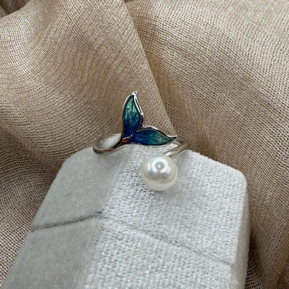 Mermaid Tail Pearl Open Adjustable 925 Sterling Silver Ring